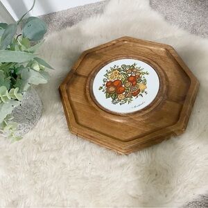 Vintage Wood & Ceramic Floral Octagon Trivet Pot Holder